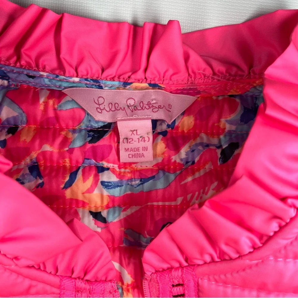 Lilly Pulitzer Girls Pink Quilted Puffer Vest XL Monogram Ruffle Hem